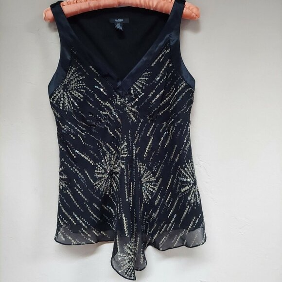 Alfani Petite Women 10P Silk Black Gold Sequin Blouse & Flared Skirt Set 2-Piece - Picture 2 of 12